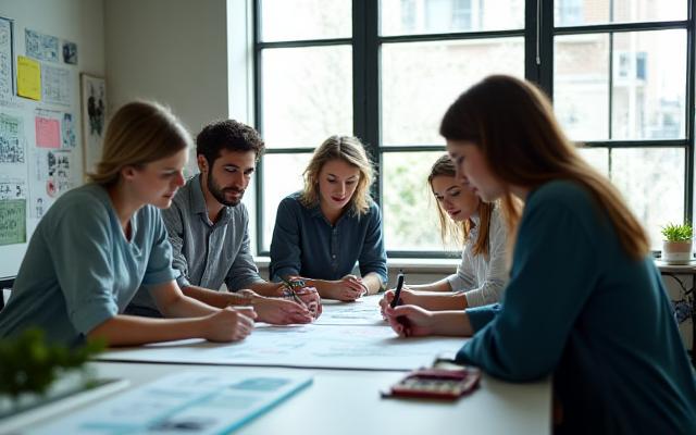 Équipe d'Iguane Innov travaillant en collaboration dans un studio de design moderne.